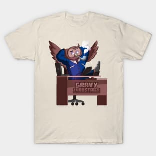 Business Owl behind a Gravy Industries Desk T-Shirt